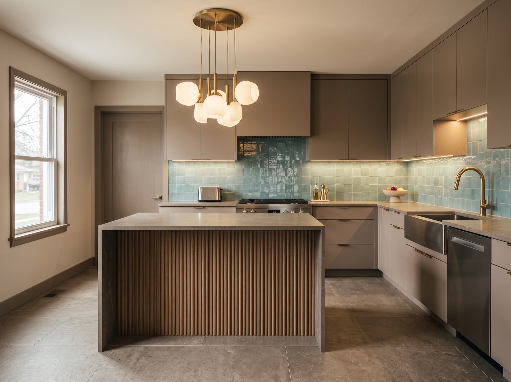 AI kitchen backsplash ideas comparison: a bare painted strip becomes glossy teal zellige tile — after, AI kitchen design result