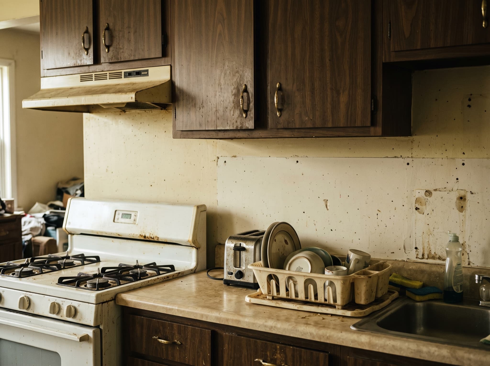 AI kitchen backsplash ideas comparison: a bare painted strip becomes glossy teal zellige tile — before, original kitchen photo