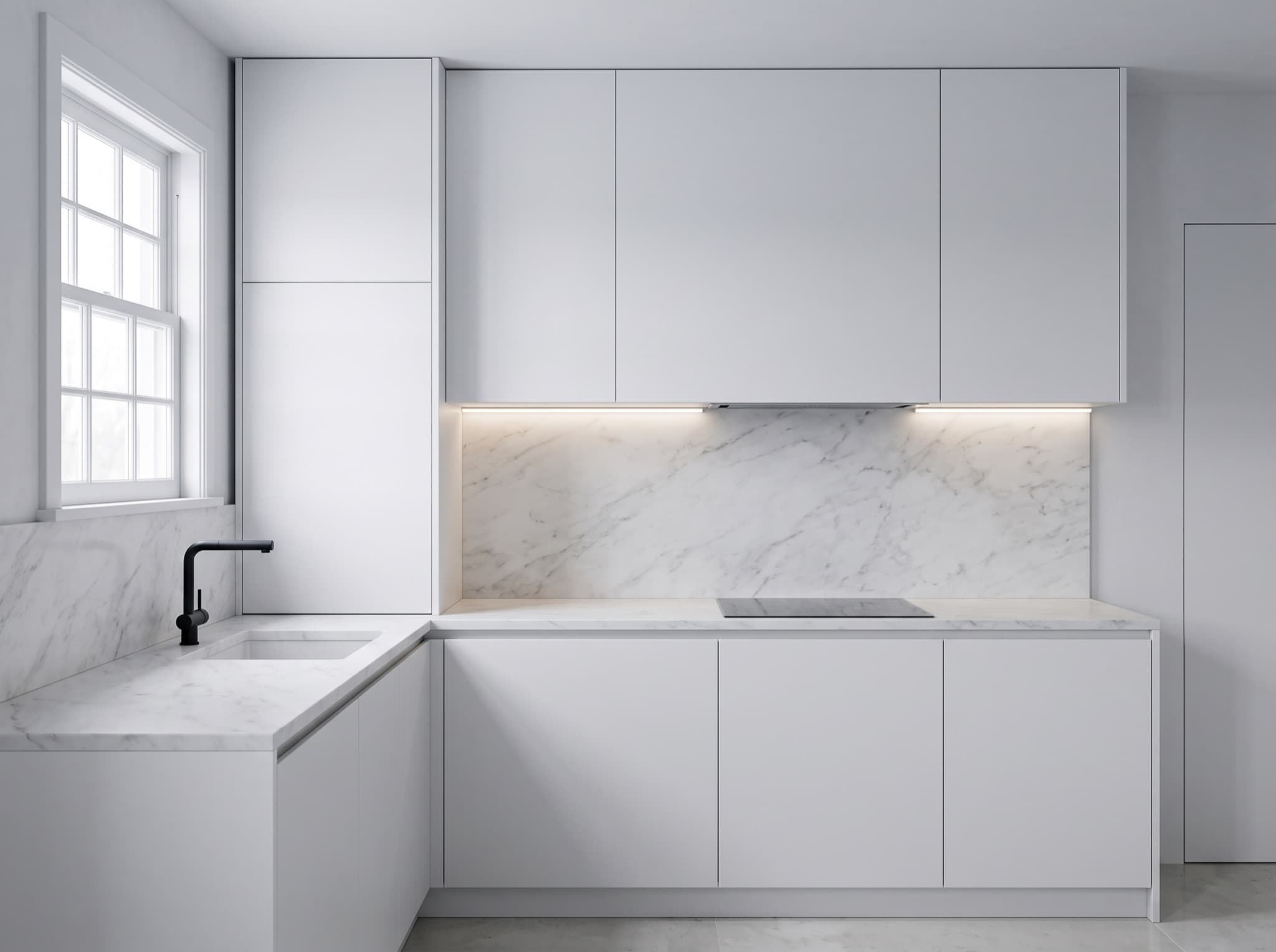AI kitchen backsplash ideas comparison: a dated laminate lip becomes a seamless calacatta stone slab — after, AI kitchen design result