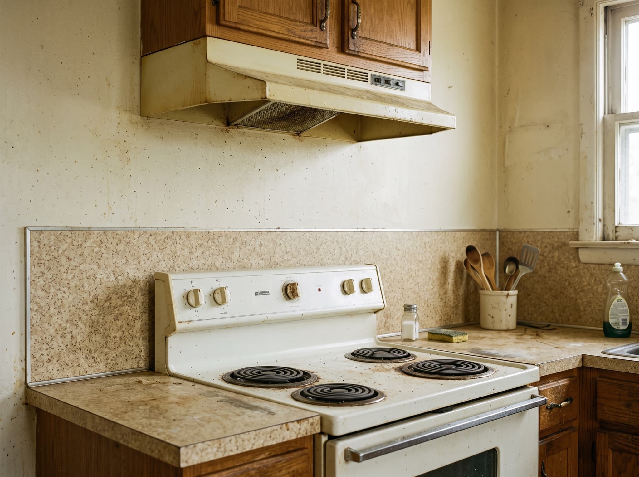 AI kitchen backsplash ideas comparison: a dated laminate lip becomes a seamless calacatta stone slab — before, original kitchen photo