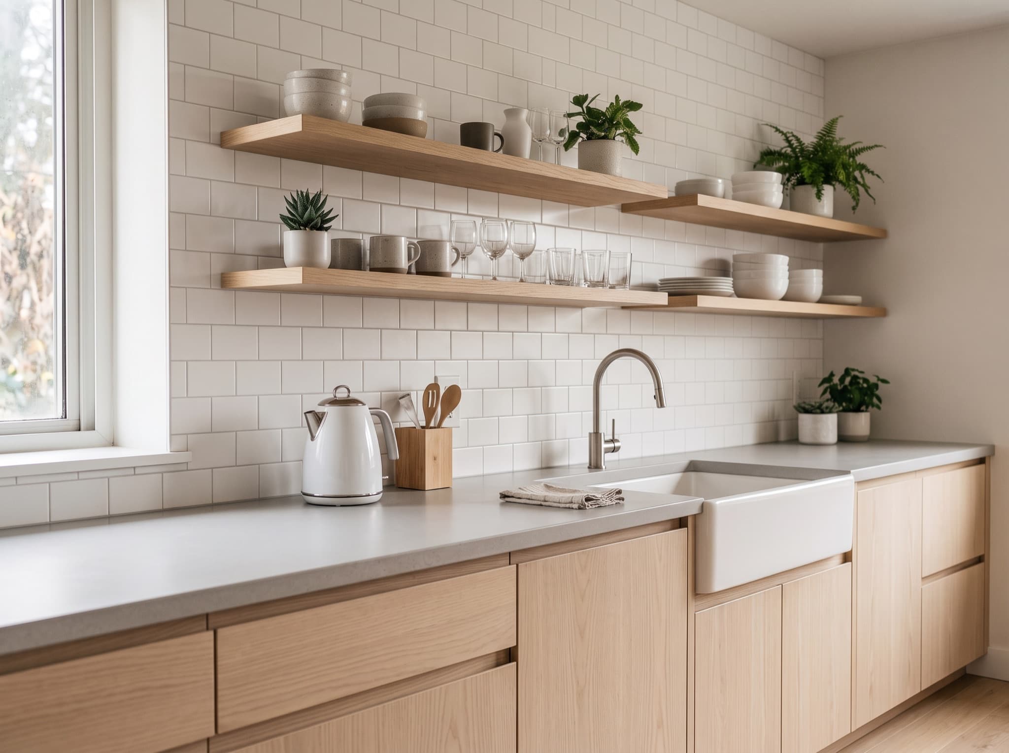 AI kitchen backsplash ideas comparison: tiny beige tiles become stacked white subway tile to the ceiling — after, AI kitchen design result