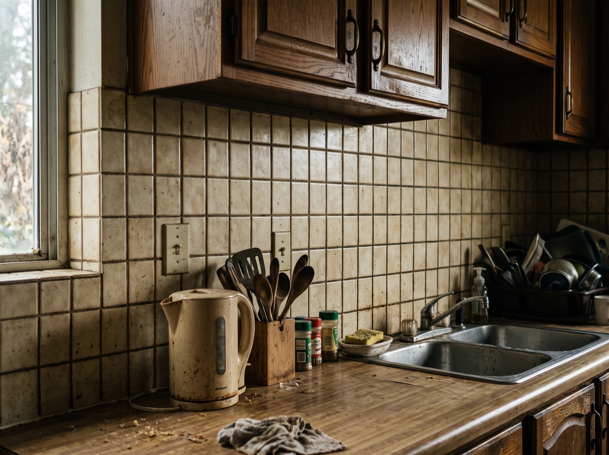 AI kitchen backsplash ideas comparison: tiny beige tiles become stacked white subway tile to the ceiling — before, original kitchen photo