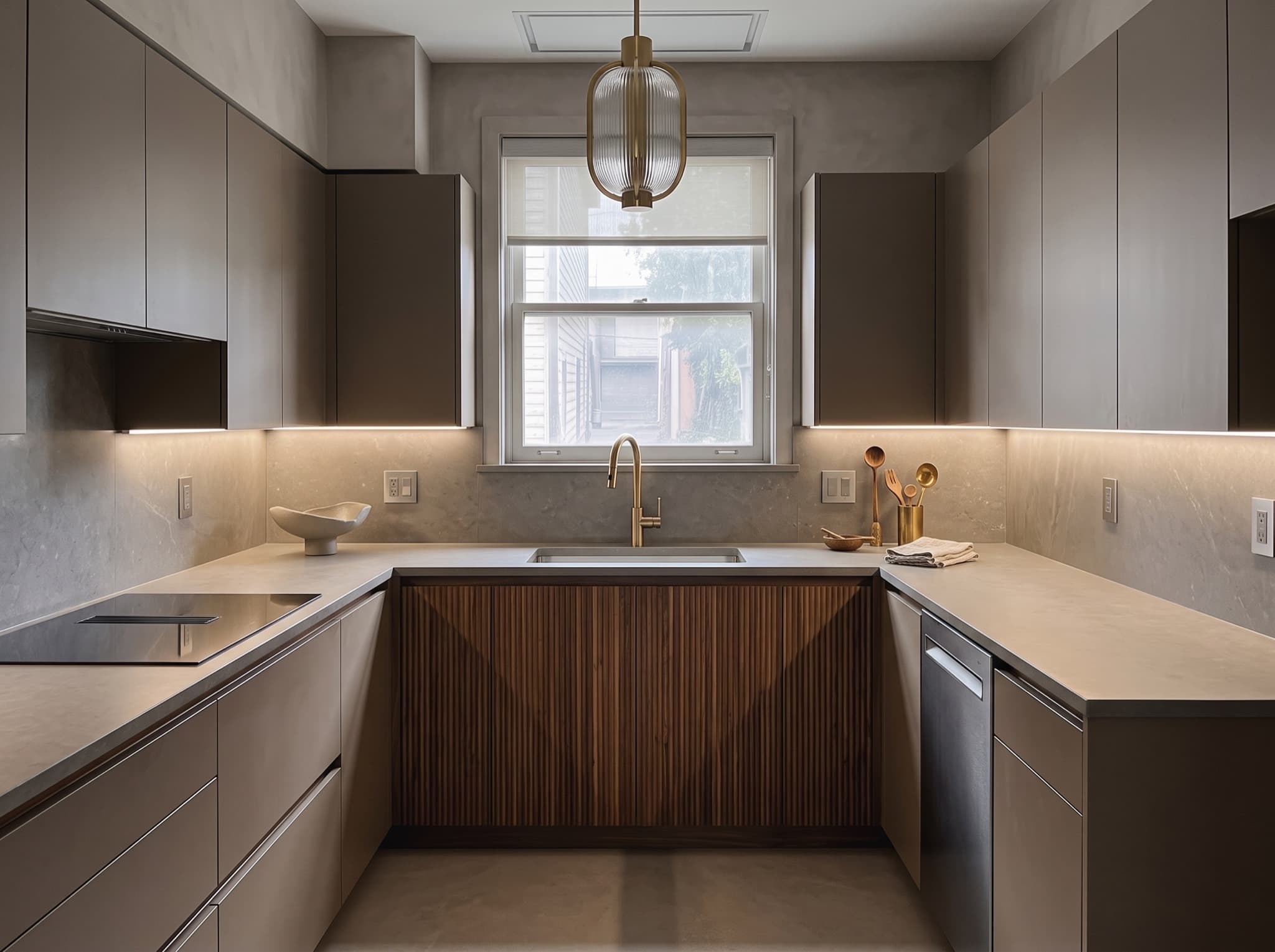 AI kitchen cabinet design comparison: raised thermofoil doors become handleless warm walnut flat panels — after, AI kitchen design result