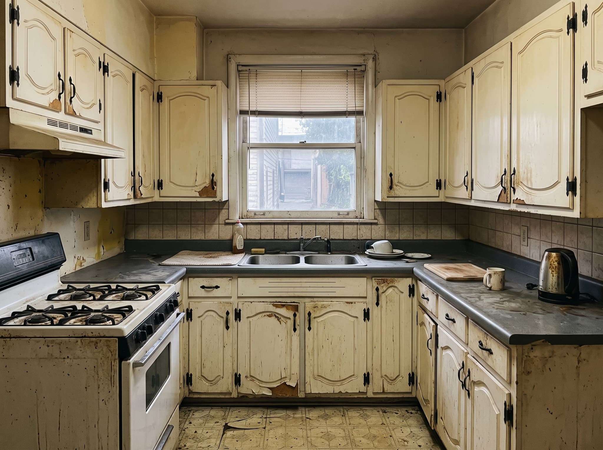 AI kitchen cabinet design comparison: raised thermofoil doors become handleless warm walnut flat panels — before, original kitchen photo