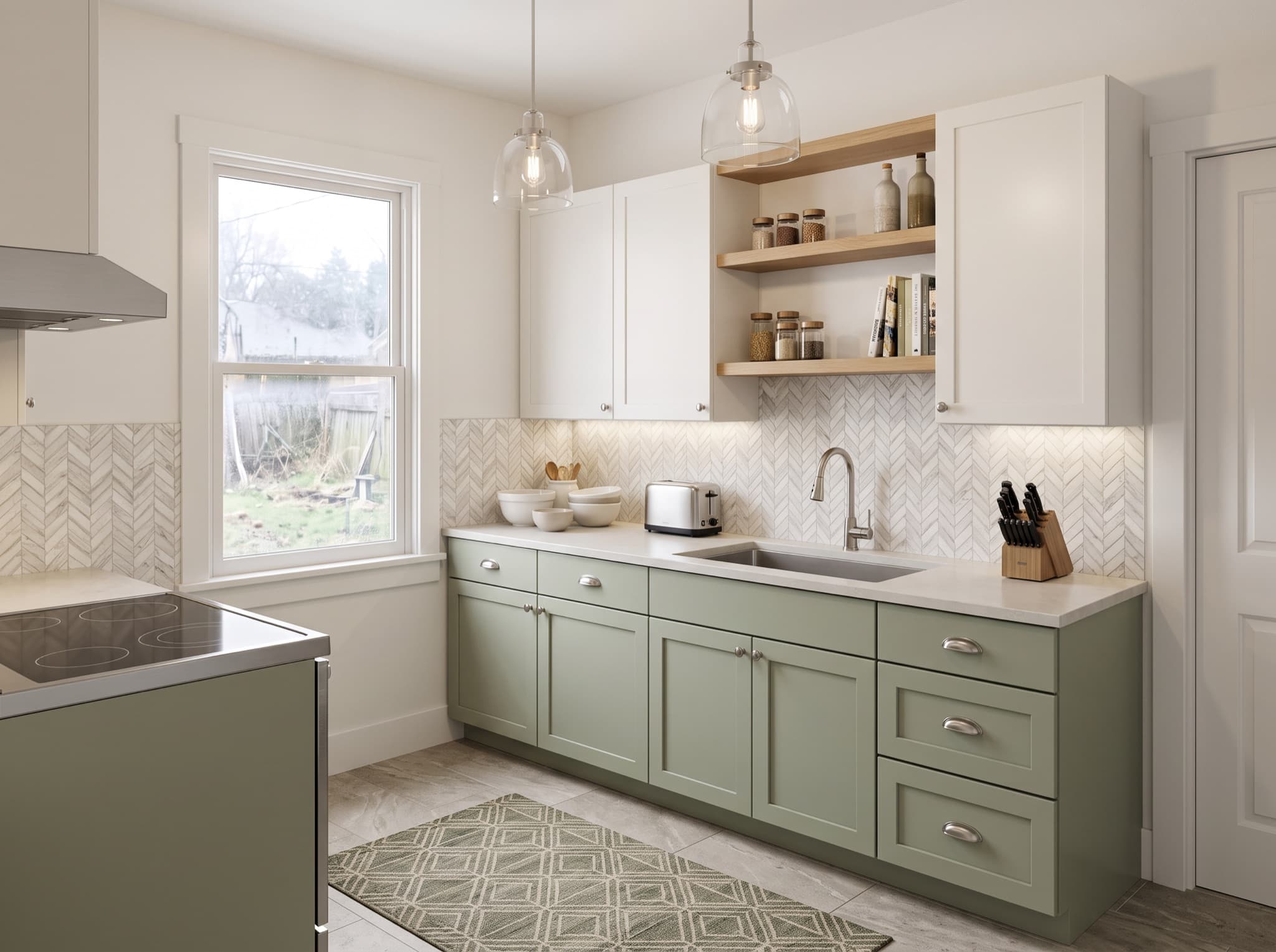 AI kitchen cabinet design comparison: mismatched cabinets unify into a sage green and white two-tone scheme — after, AI kitchen design result