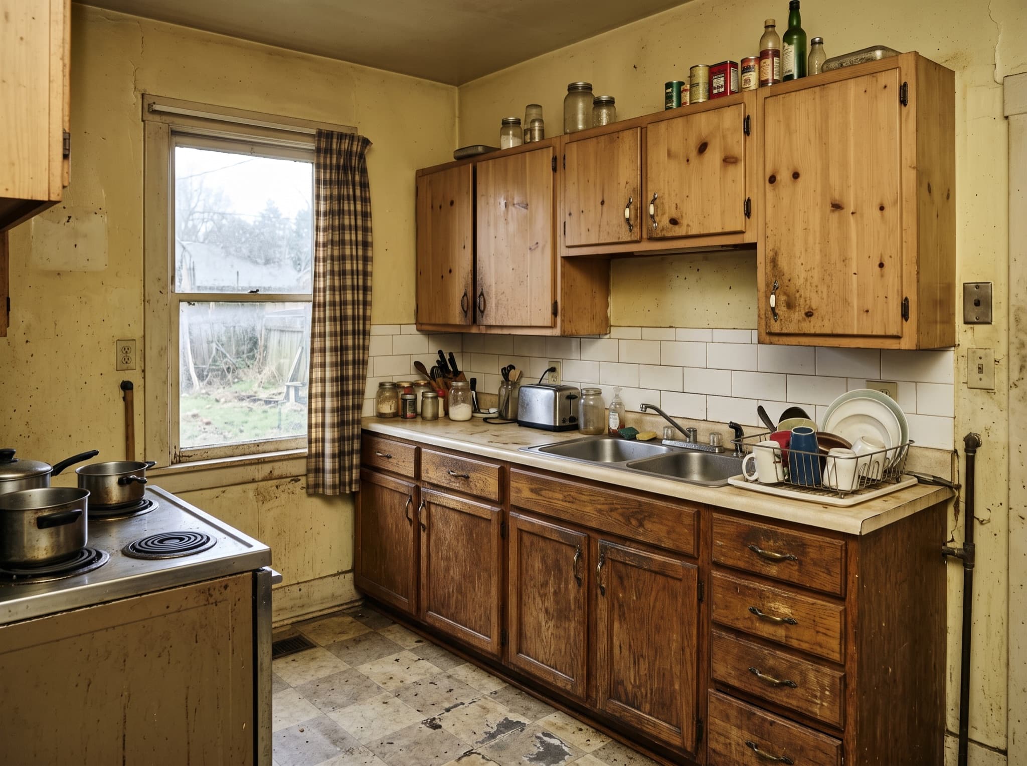 AI kitchen cabinet design comparison: mismatched cabinets unify into a sage green and white two-tone scheme — before, original kitchen photo