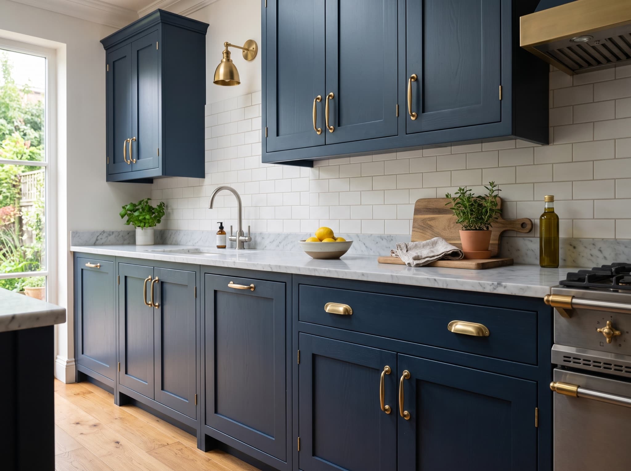 AI kitchen cabinet design showing shaker doors and brass hardware