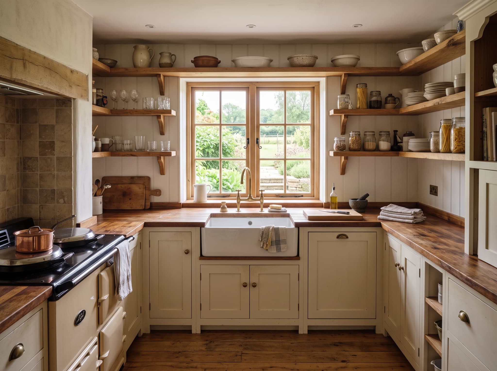 Farmhouse AI kitchen design with apron sink and open wood shelving