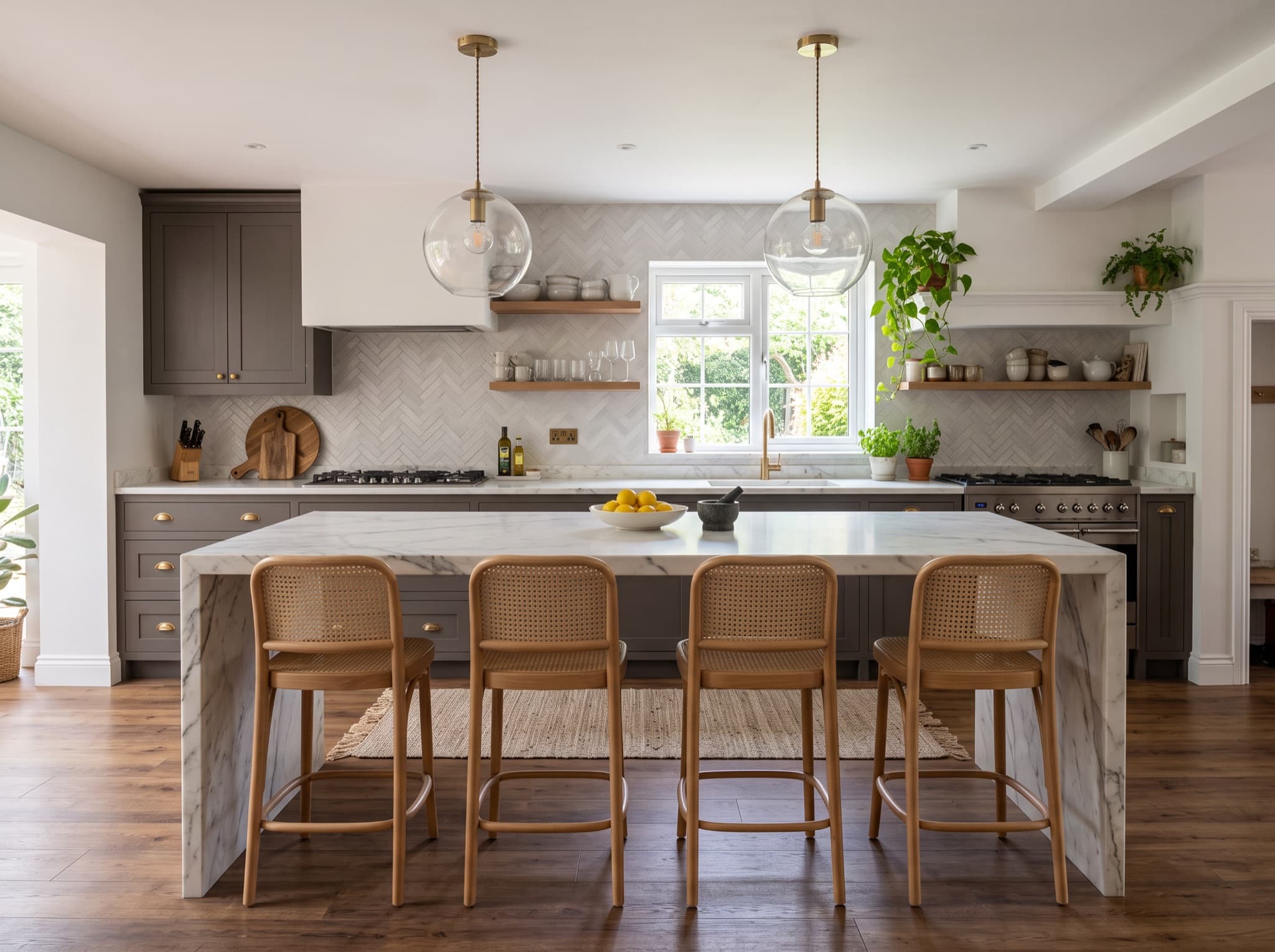 AI kitchen island design with waterfall edge and pendant lights
