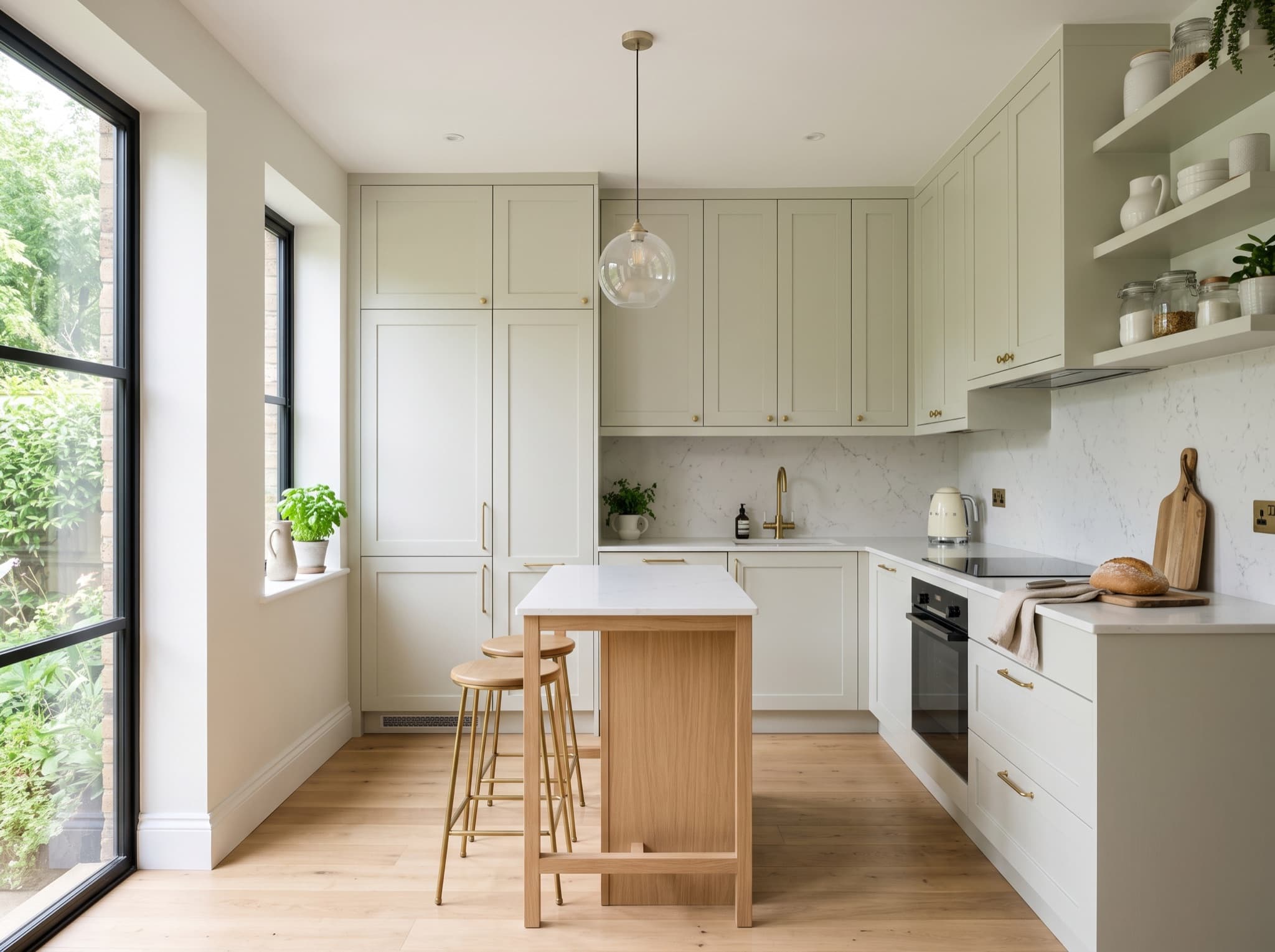 Small AI kitchen design with space-saving cabinets and bright finishes