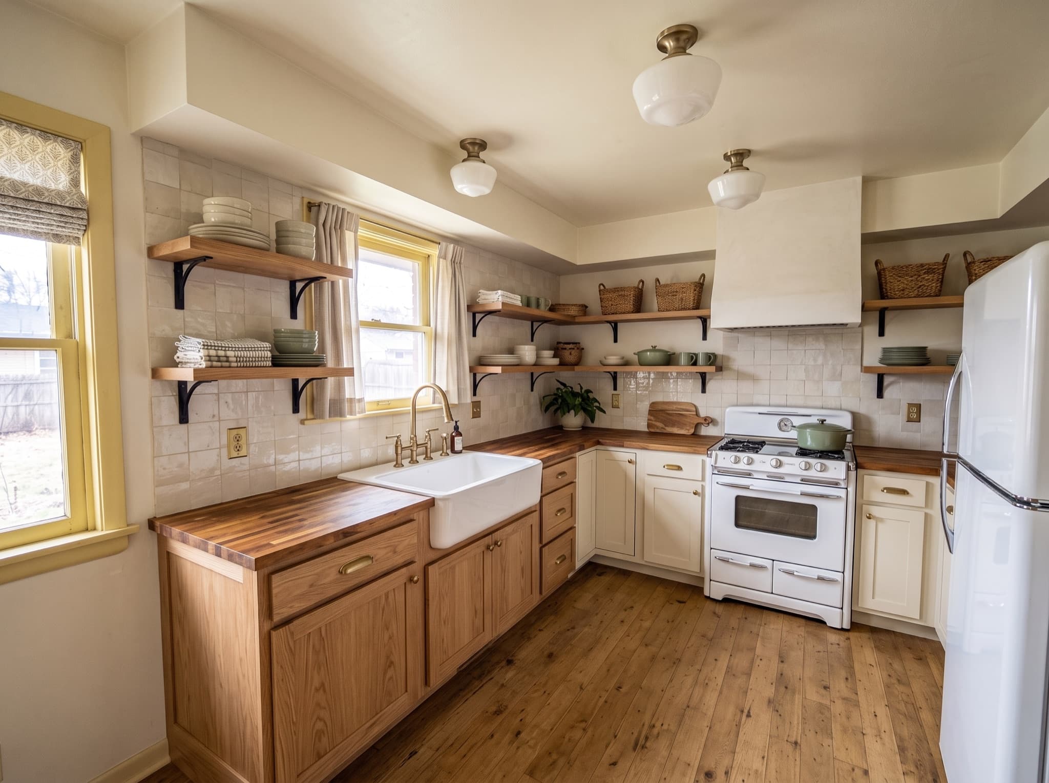 Farmhouse kitchen design AI comparison: builder-grade cabinets become cream shaker with an apron sink — after, AI kitchen design result