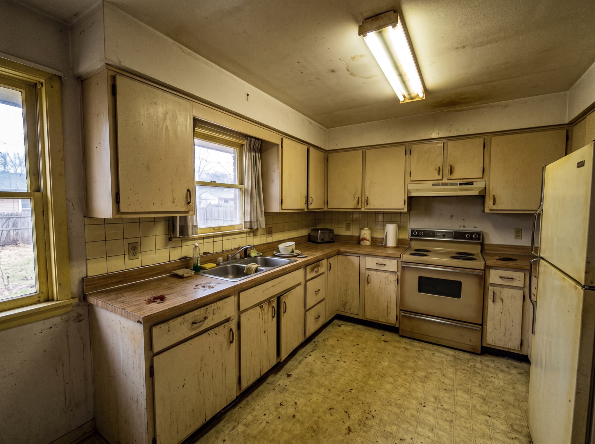 Farmhouse kitchen design AI comparison: builder-grade cabinets become cream shaker with an apron sink — before, original kitchen photo