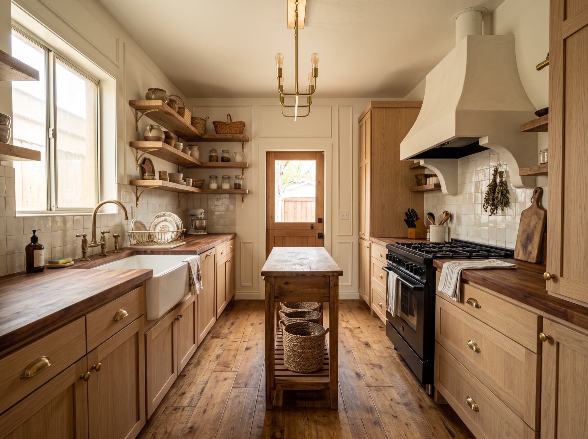 Farmhouse kitchen design AI comparison: a sterile white kitchen gains a wood island and black range hood — after, AI kitchen design result