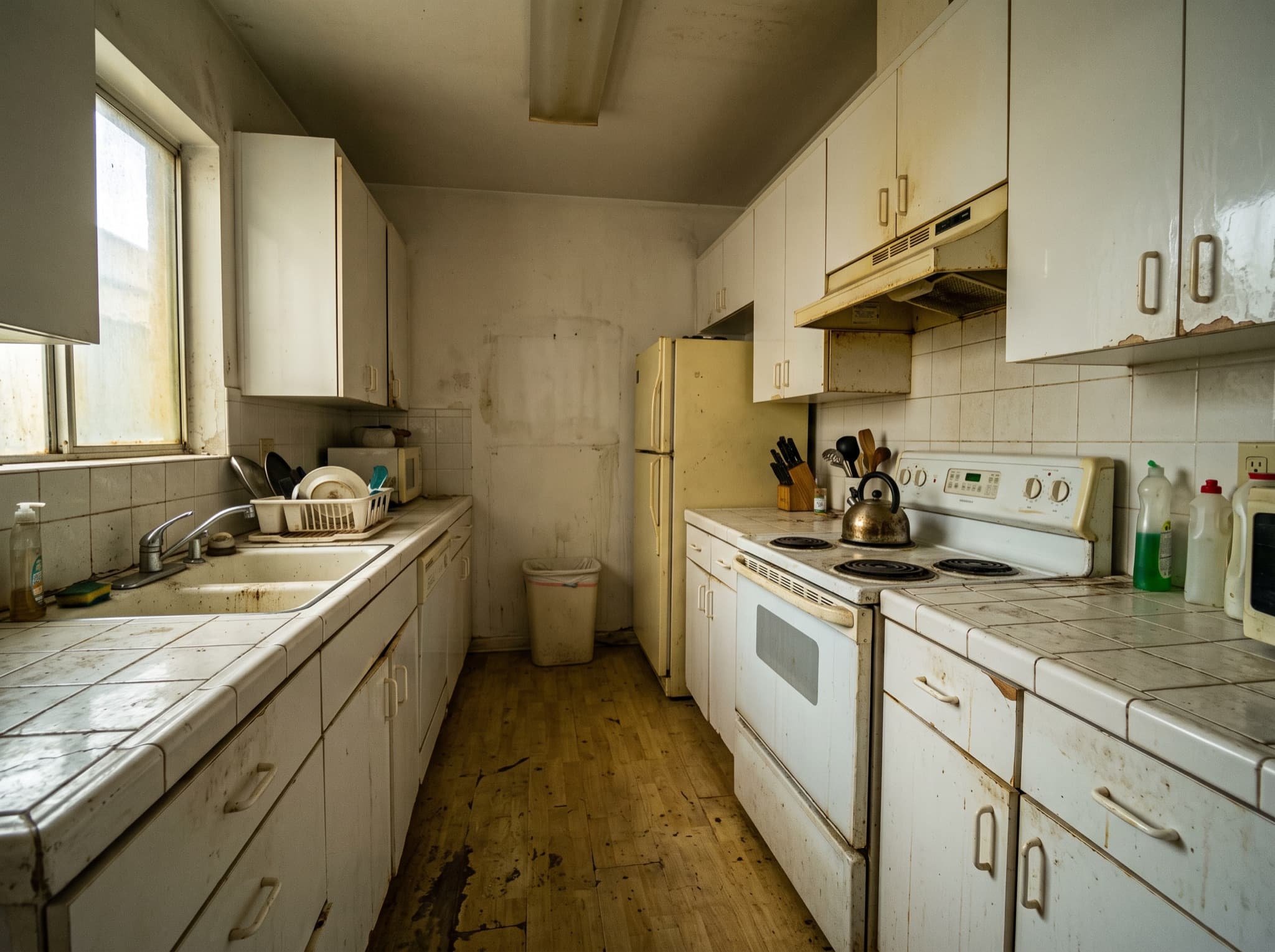 Farmhouse kitchen design AI comparison: a sterile white kitchen gains a wood island and black range hood — before, original kitchen photo