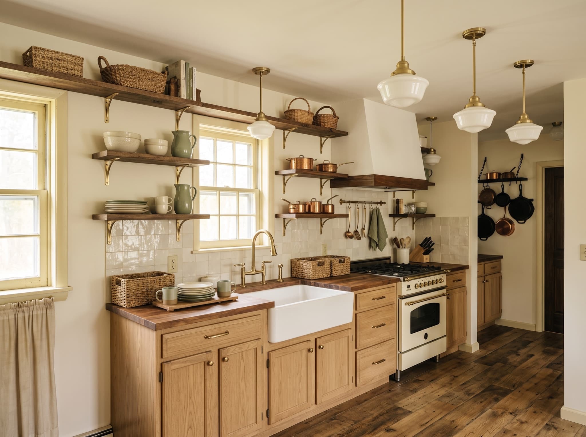 Farmhouse kitchen design AI comparison: upper cabinets give way to open shelves and schoolhouse pendants — after, AI kitchen design result