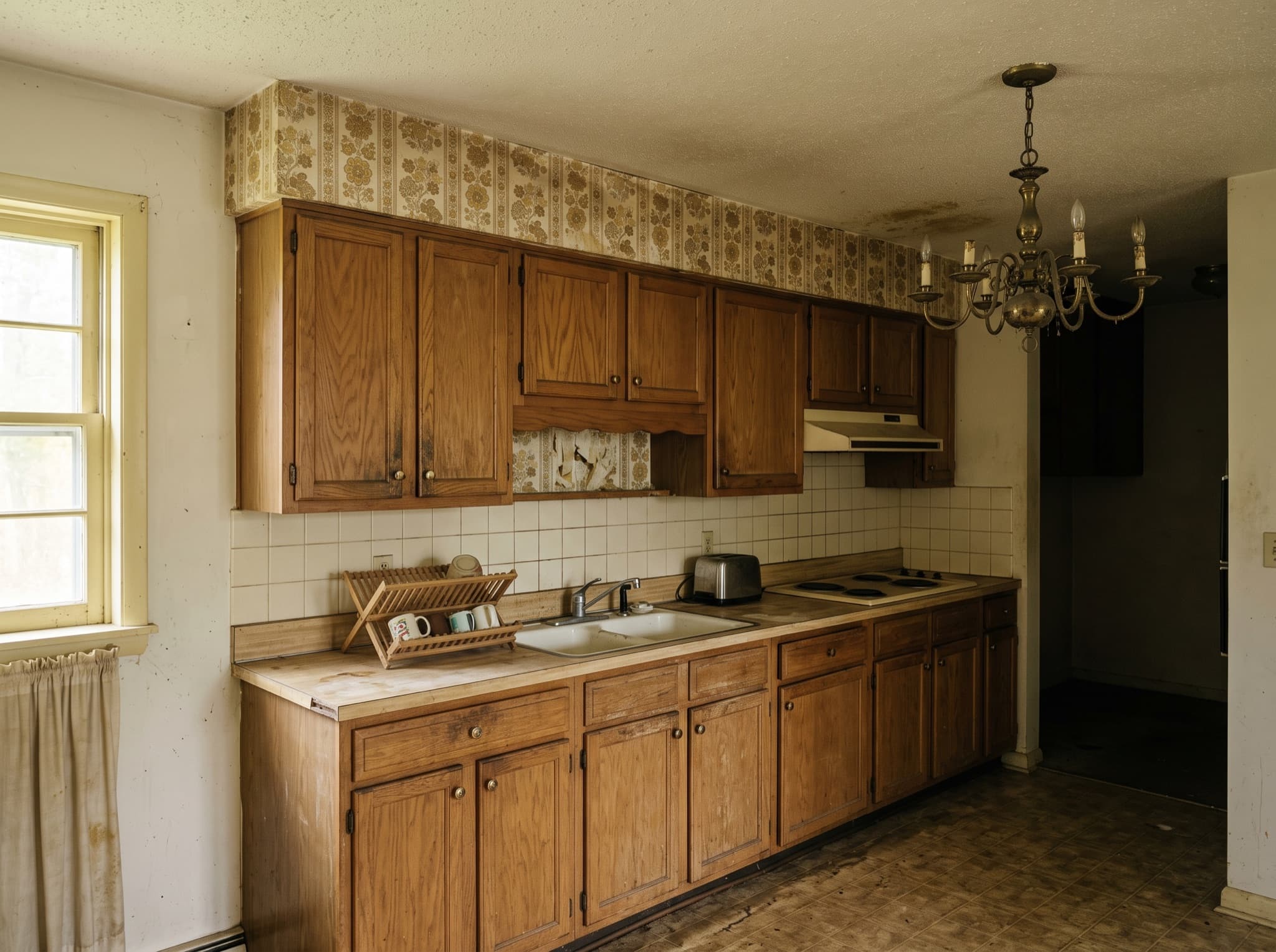 Farmhouse kitchen design AI comparison: upper cabinets give way to open shelves and schoolhouse pendants — before, original kitchen photo