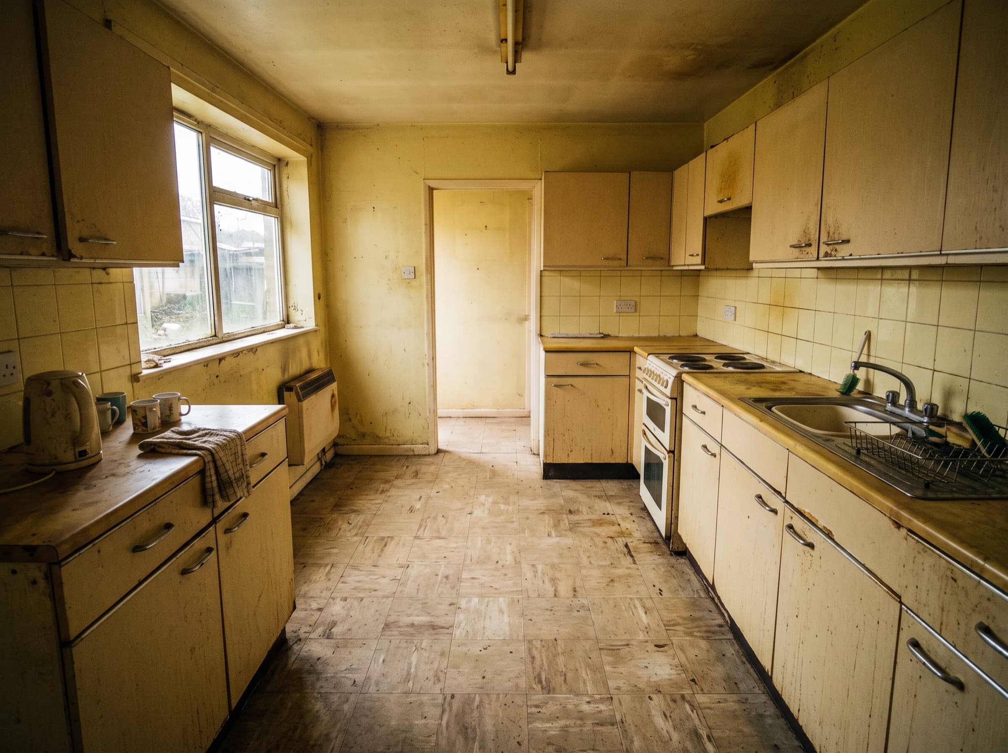 AI kitchen island design comparison: an empty floor center gains a quartz waterfall island with a prep sink — before, original kitchen photo