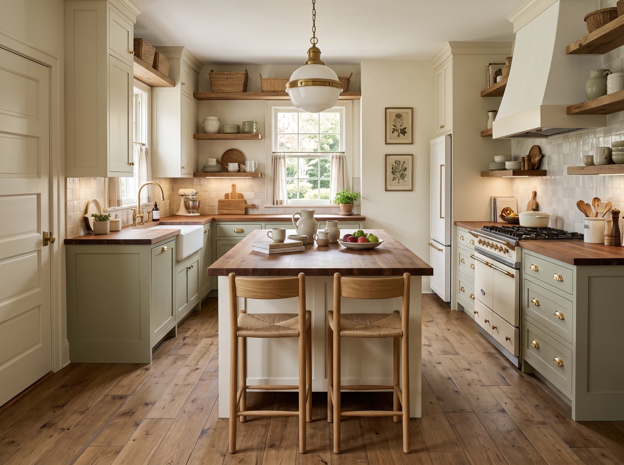 AI kitchen island design comparison: a small café table becomes a butcher-block island seating two — after, AI kitchen design result