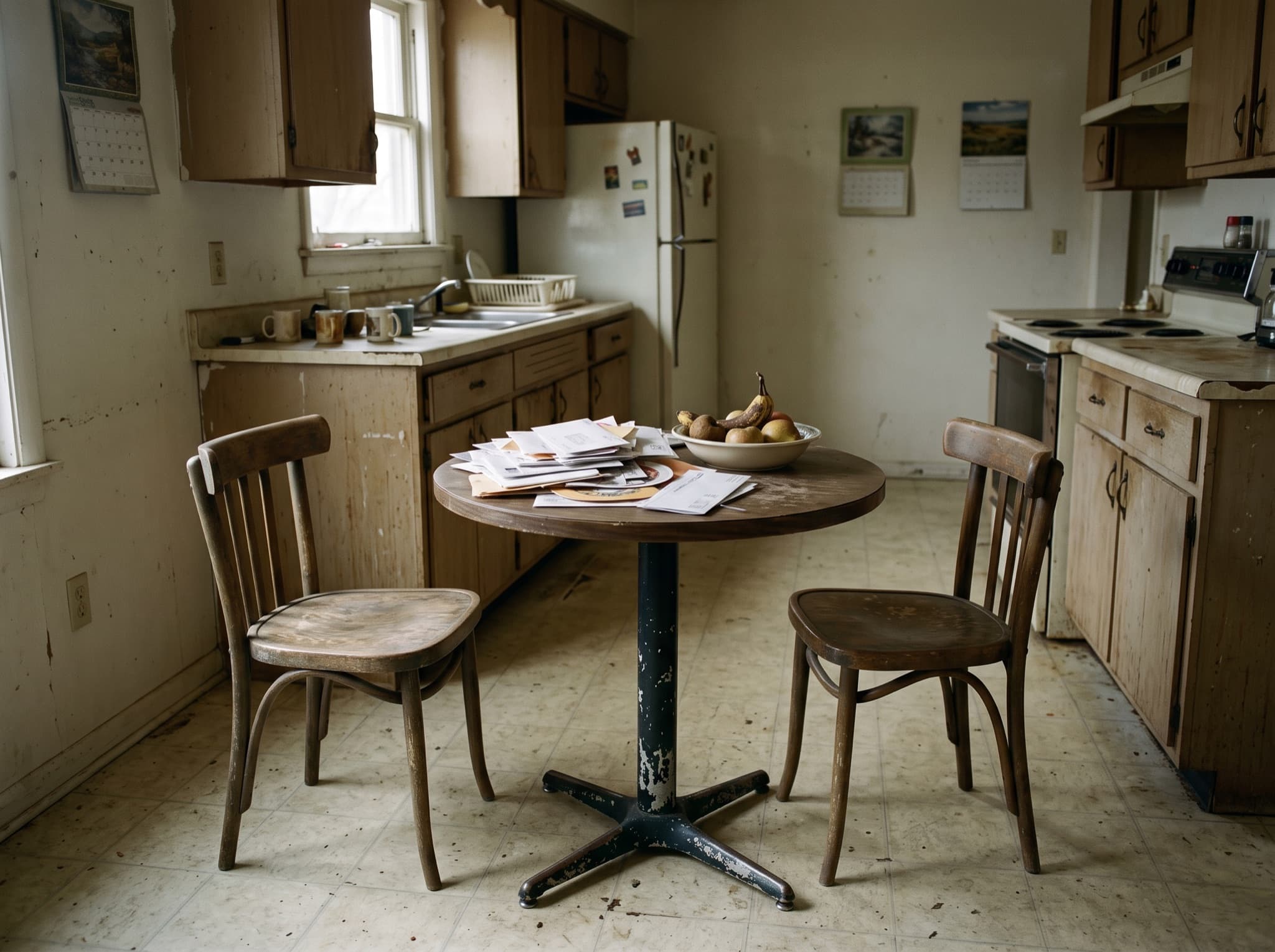 AI kitchen island design comparison: a small café table becomes a butcher-block island seating two — before, original kitchen photo