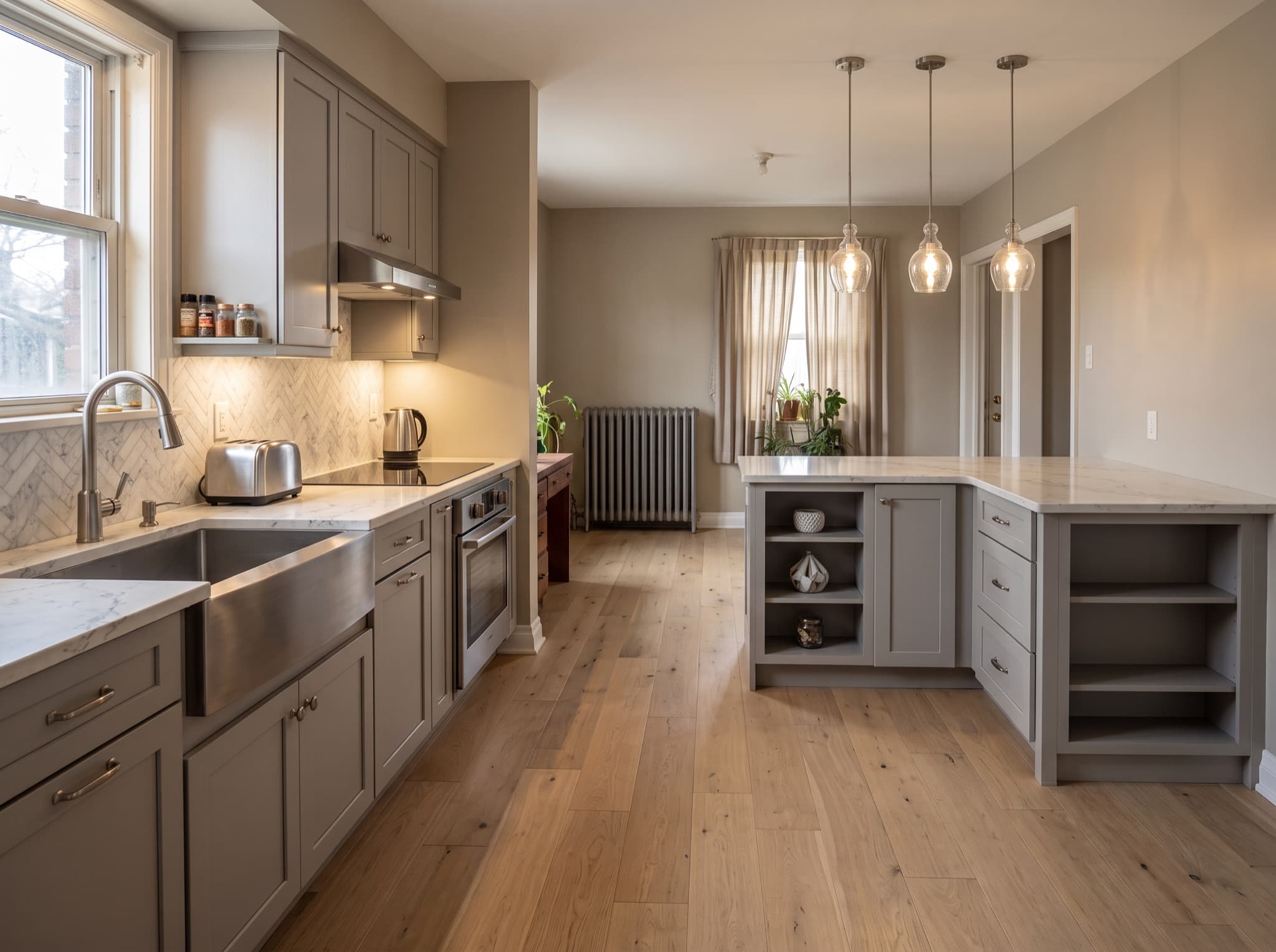 AI kitchen island design comparison: an awkward gap becomes an L-shaped island that defines the dining end — after, AI kitchen design result
