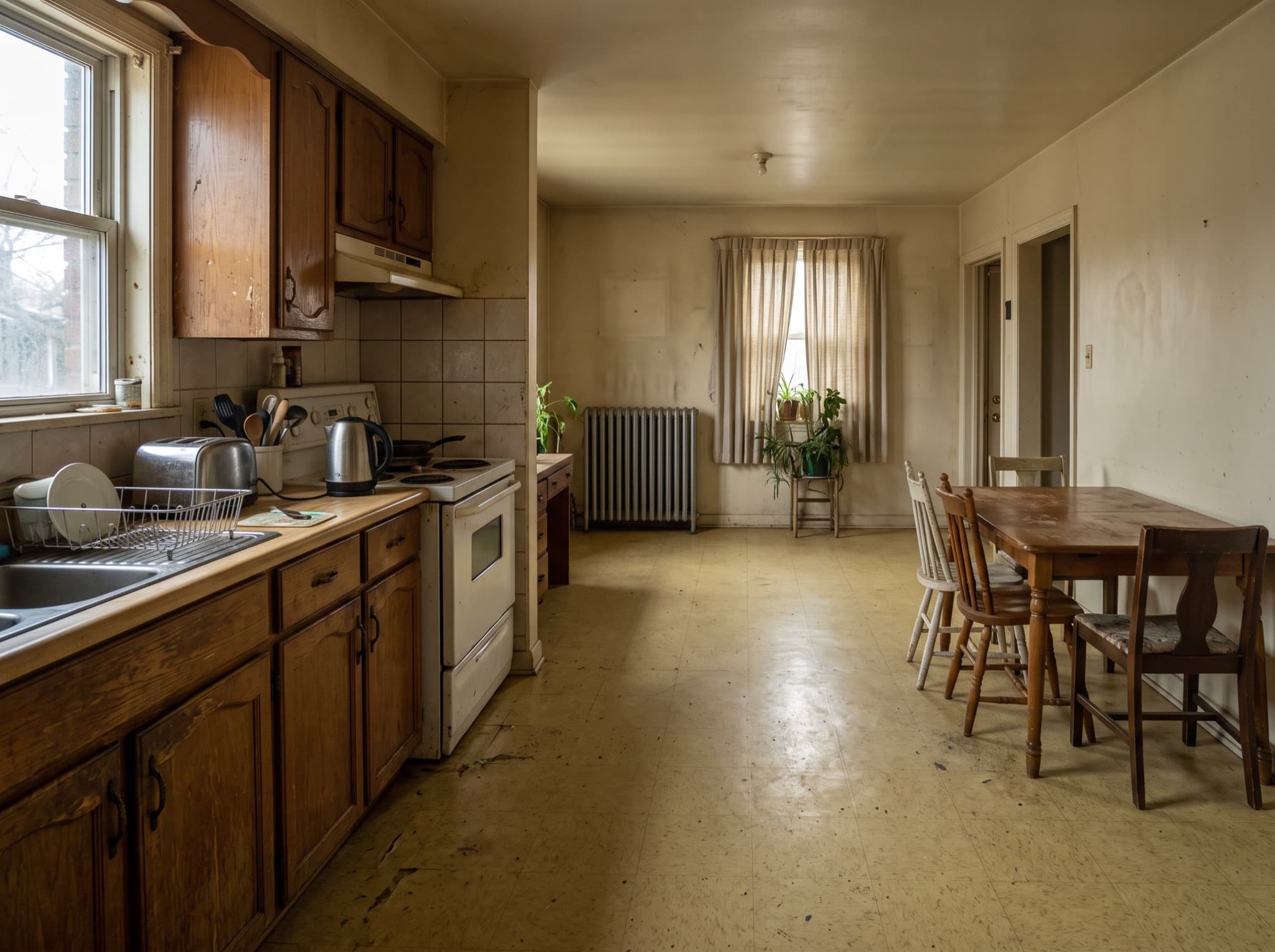 AI kitchen island design comparison: an awkward gap becomes an L-shaped island that defines the dining end — before, original kitchen photo