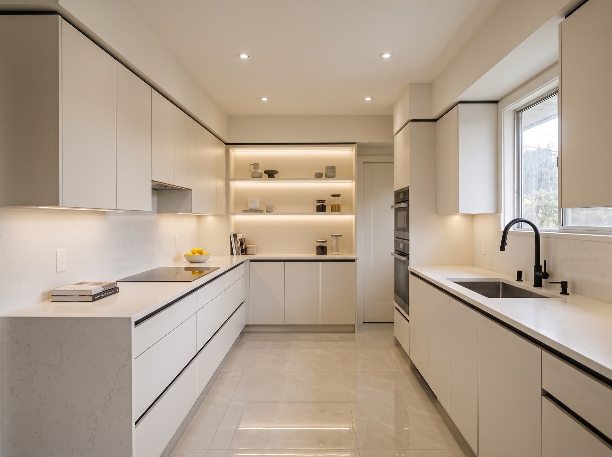 Modern kitchen design AI comparison: dated oak cabinets become a handleless white flat-panel run — after, AI kitchen design result