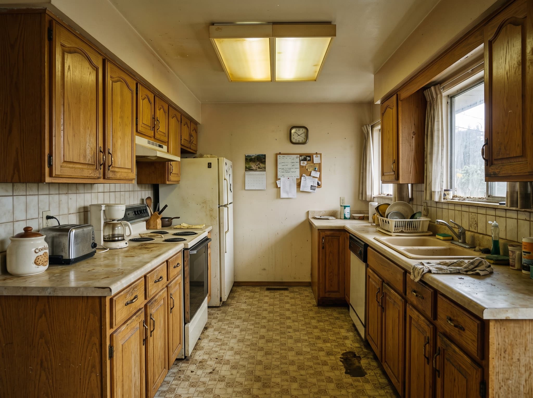 Modern kitchen design AI comparison: dated oak cabinets become a handleless white flat-panel run — before, original kitchen photo