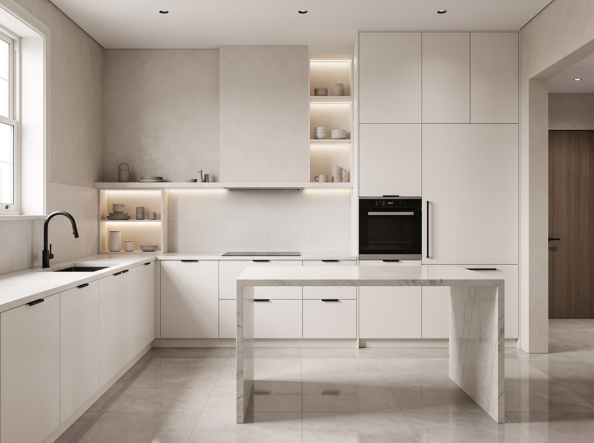Modern kitchen design AI comparison: a cluttered wall becomes slab cabinets and a quartz waterfall island — after, AI kitchen design result