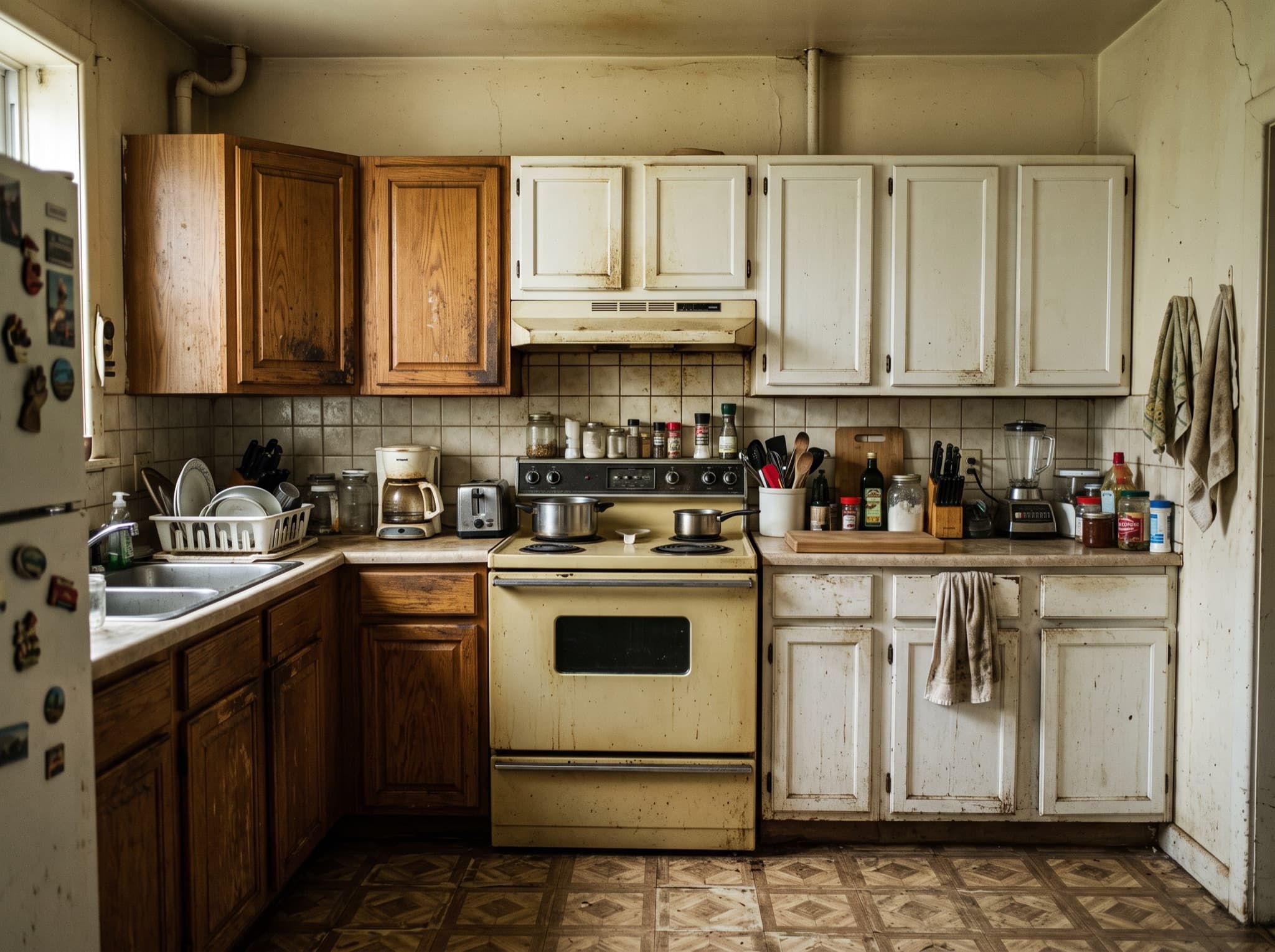 Modern kitchen design AI comparison: a cluttered wall becomes slab cabinets and a quartz waterfall island — before, original kitchen photo