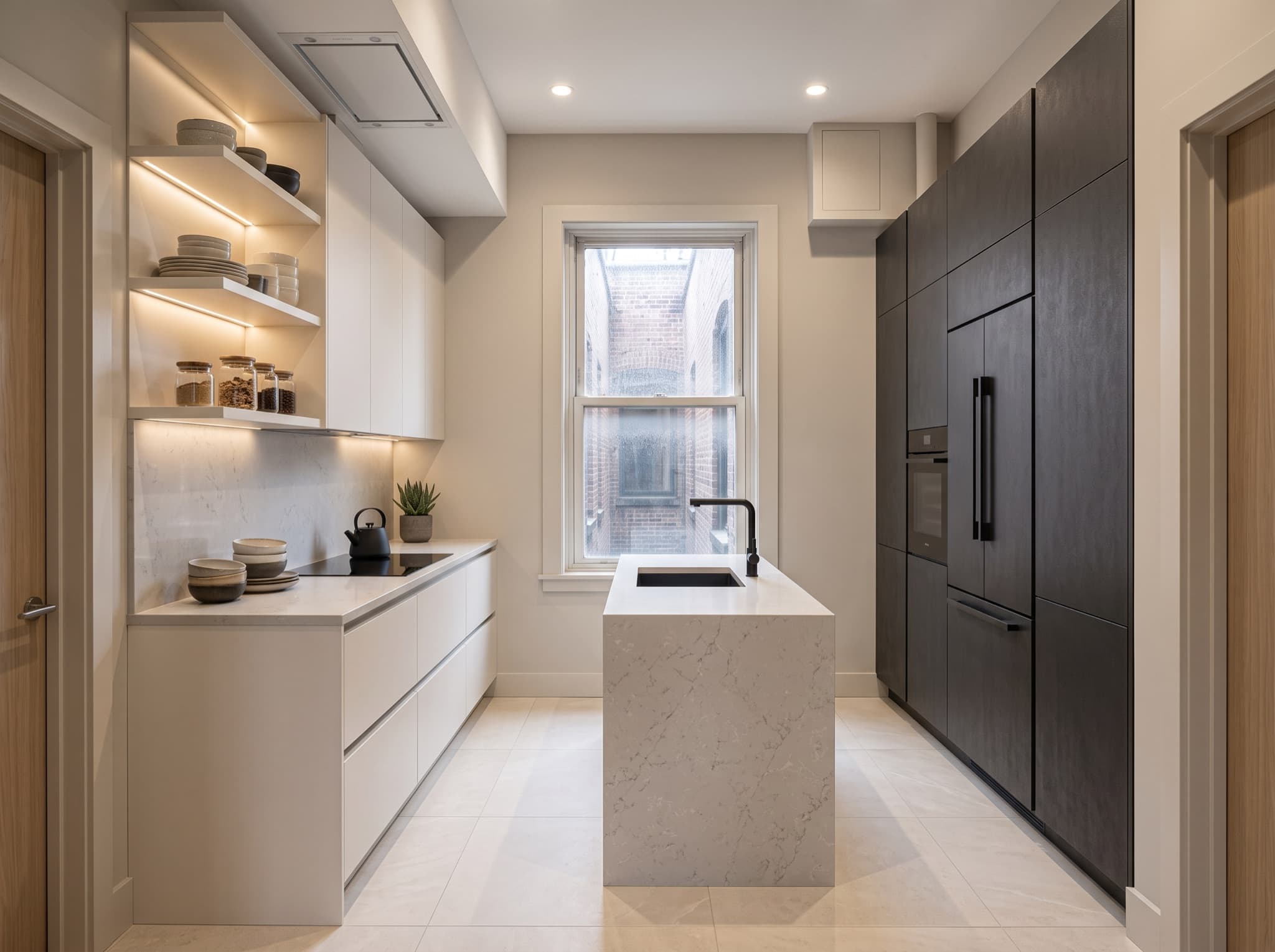 Modern kitchen design AI comparison: a dark galley turns light and modern with integrated appliances — after, AI kitchen design result