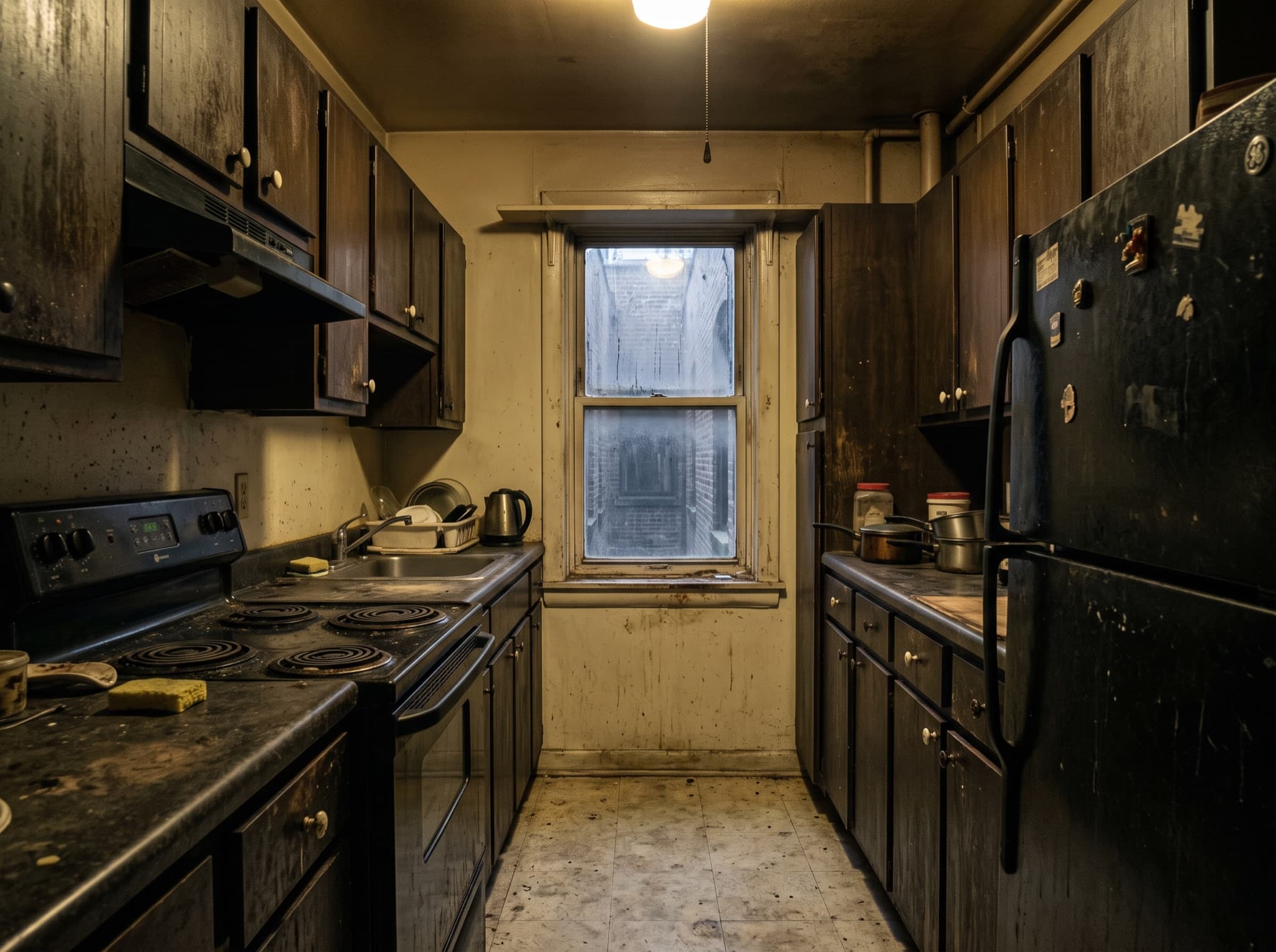 Modern kitchen design AI comparison: a dark galley turns light and modern with integrated appliances — before, original kitchen photo