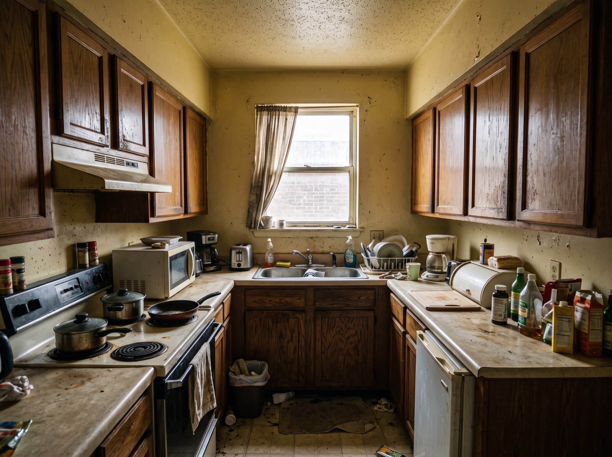 Small kitchen design AI comparison: a cramped U-shape kitchen opens up in pale full-height flat-panel cabinets — before, original kitchen photo