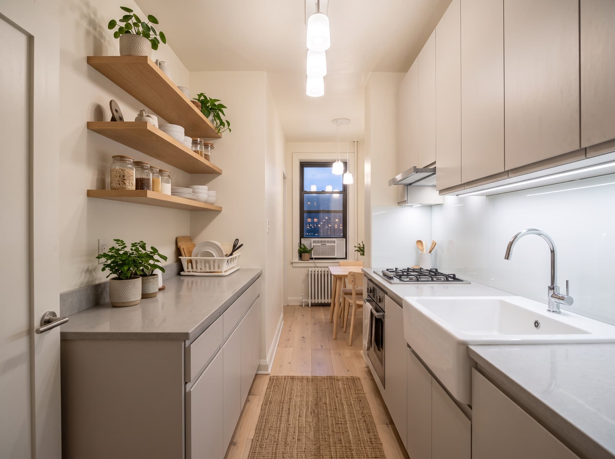 Small kitchen design AI comparison: a dark galley brightens with a reflective backsplash and under-cabinet lighting — after, AI kitchen design result