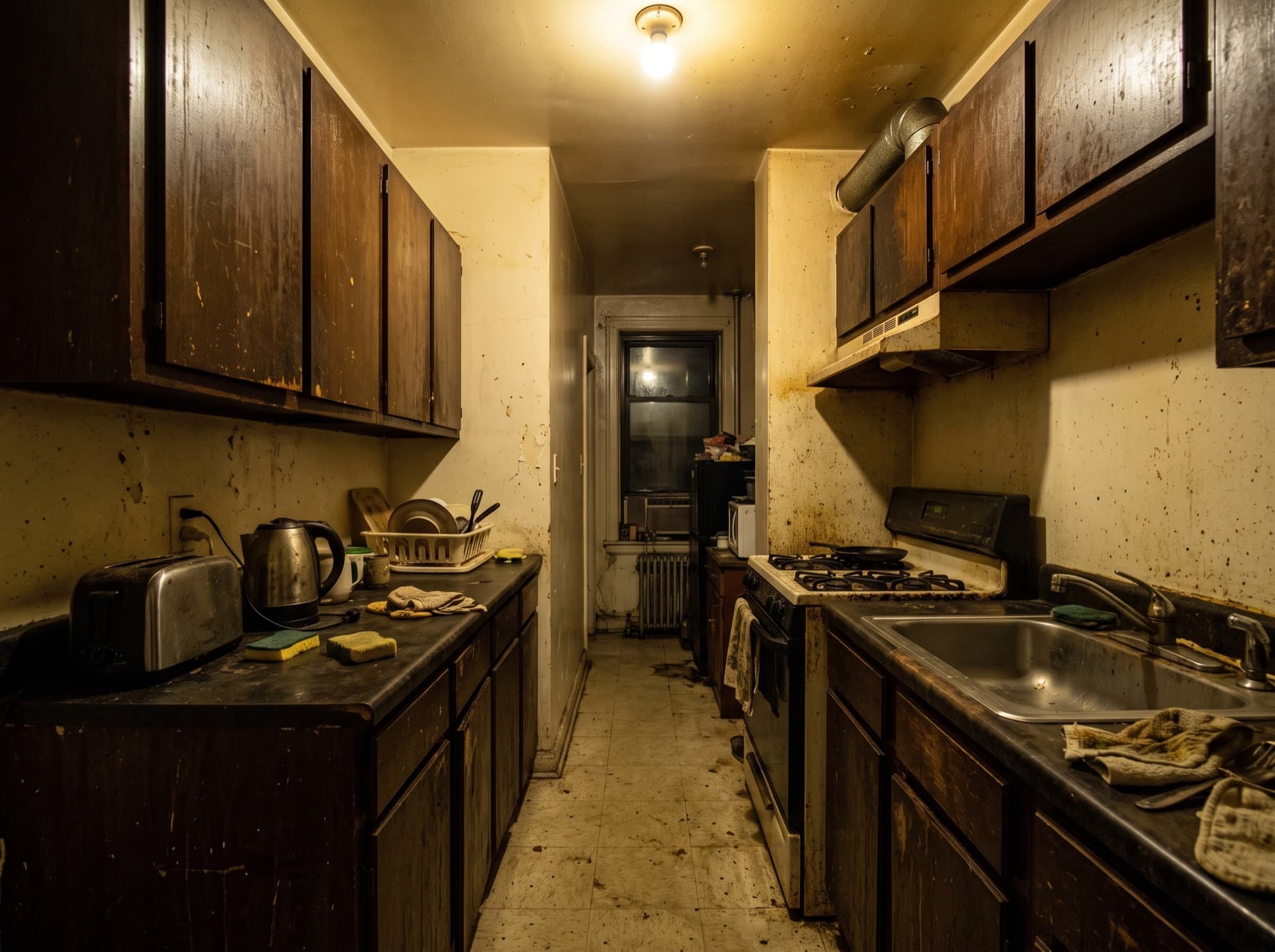 Small kitchen design AI comparison: a dark galley brightens with a reflective backsplash and under-cabinet lighting — before, original kitchen photo