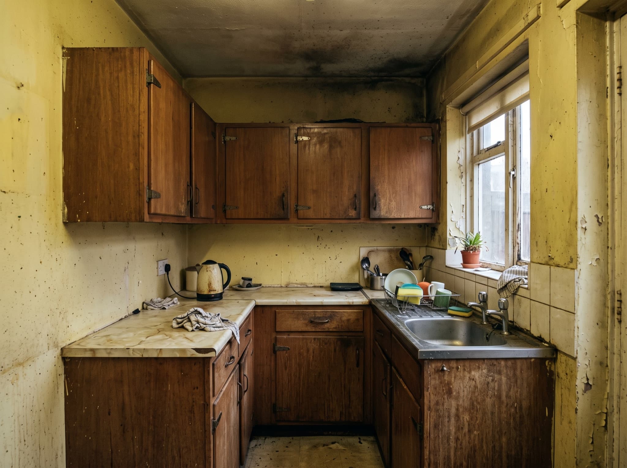 Small kitchen design AI comparison: short cabinets stretch to the ceiling with integrated handles for more storage — before, original kitchen photo